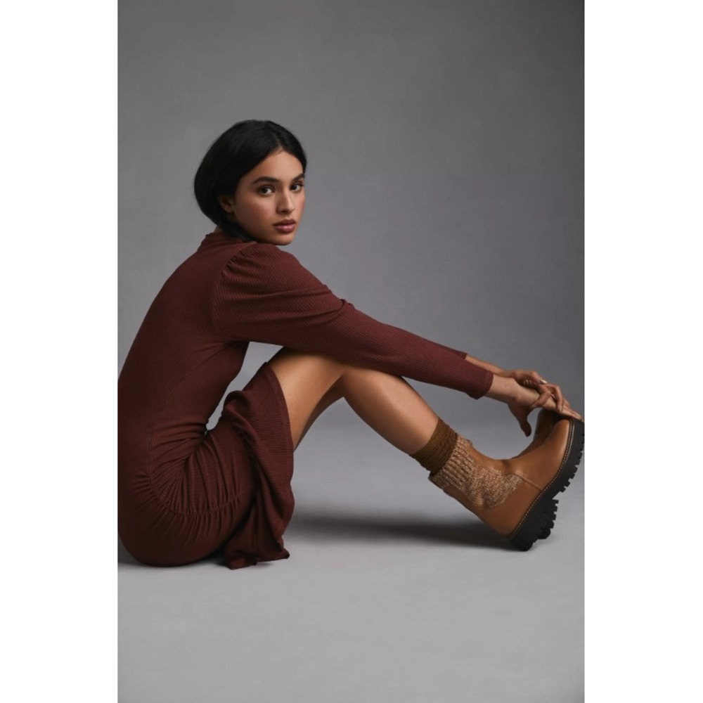 Sundry Anthropologie Brown Ribbed Ruched Mini Dress Long Sleeve Ruffle Hem 2